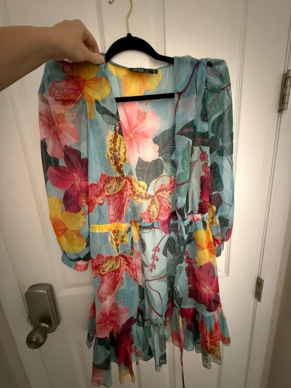 PatBO Aqua Floral Tiered V-Neck Mini Dress with Pink, Yellow and Green Blooms